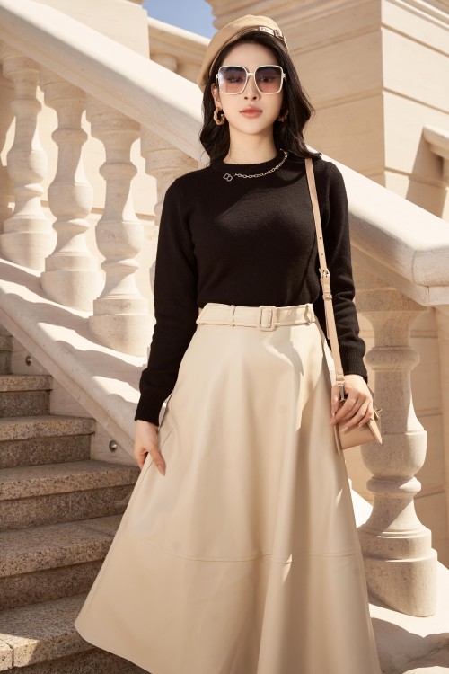 Sixdo Cream Gathered Midi Leather Skirt